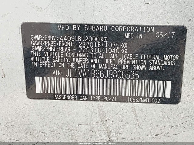 2018 Subaru Wrx Premium მანქანა იყიდება აუქციონზე, vin: JF1VA1B66J9806535, აუქციონის ნომერი: 45260597