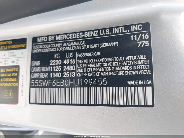 Продажа на аукционе авто 2017 Mercedes-benz Amg C 43 4matic, vin: 55SWF6EB0HU199455, номер лота: 45260601