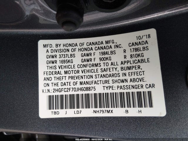 Honda CIVIC EX 2018 2HGFC2F70JH608875 Image 9
