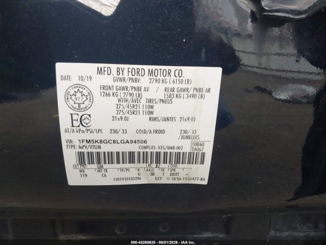 45260620 :رقم المزاد ، 1FM5K8GC8LGA94506 vin ، 2020 Ford Explorer St مزاد بيع