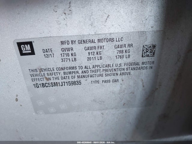 45260645 :رقم المزاد ، 1G1BC5SM1J7159835 vin ، 2018 Chevrolet Cruze Ls Auto مزاد بيع