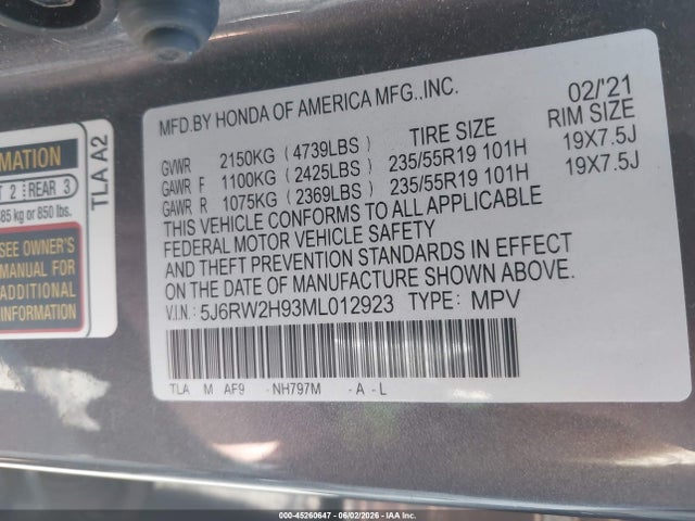 5J6RW2H93ML012923 Honda Cr-v Awd Touring