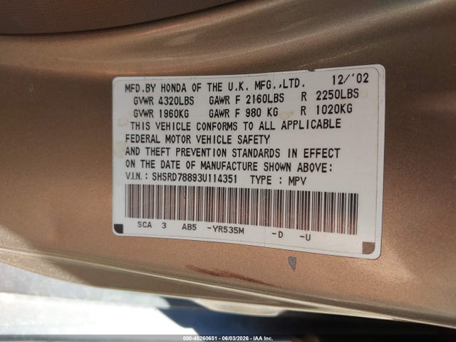 45260651 :رقم المزاد ، SHSRD78893U114351 vin ، 2003 Honda Cr-v Ex مزاد بيع