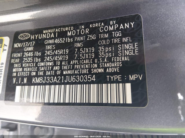 Продажа на аукционе авто 2018 Hyundai Tucson Value, vin: KM8J33A21JU630354, номер лота: 45260657