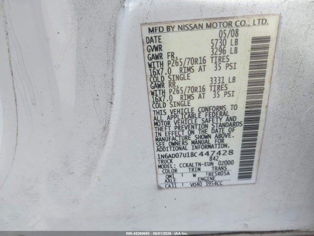Aukcja sprzedaży 2008 Nissan Frontier Se, vin: 1N6AD07U18C447428, numer aukcji: 45260660