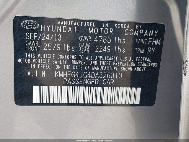 Aukcja sprzedaży 2013 Hyundai Azera, vin: KMHFG4JG4DA326310, numer aukcji: 45260670