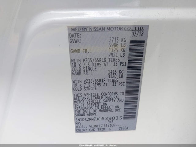 Aukcja sprzedaży 2018 Nissan Pathfinder Sv, vin: 5N1DR2MM7JC639035, numer aukcji: 45260671
