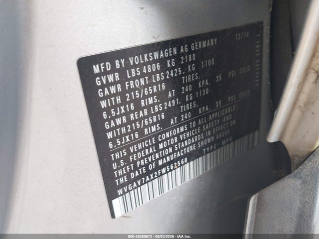 Aukcja sprzedaży 2015 Volkswagen Tiguan S, vin: WVGAV7AX2FW562560, numer aukcji: 45260672