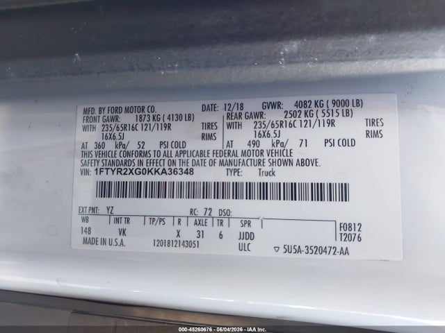 Aukcja sprzedaży 2019 Ford Transit-250, vin: 1FTYR2XG0KKA36348, numer aukcji: 45260676
