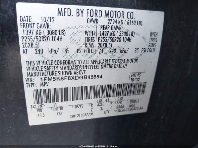 45260679 :رقم المزاد ، 1FM5K8F8XDGB46684 vin ، 2013 Ford Explorer Limited مزاد بيع