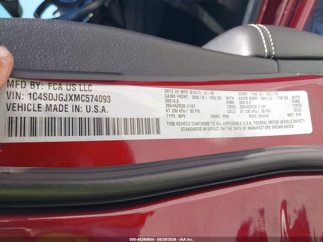 Продаж на аукціоні авто 2021 Dodge Durango Srt 392 Awd, vin: 1C4SDJGJXMC574093, номер лоту: 45260684