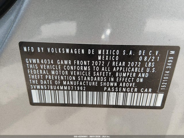 2021 Volkswagen Jetta მანქანა იყიდება აუქციონზე, vin: 3VWN57BU4MM071962, აუქციონის ნომერი: 45260691