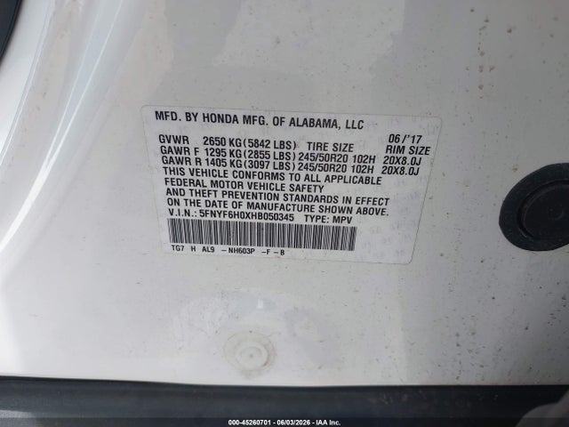 Продаж на аукціоні авто 2017 Honda Pilot Elite, vin: 5FNYF6H0XHB050345, номер лоту: 45260701