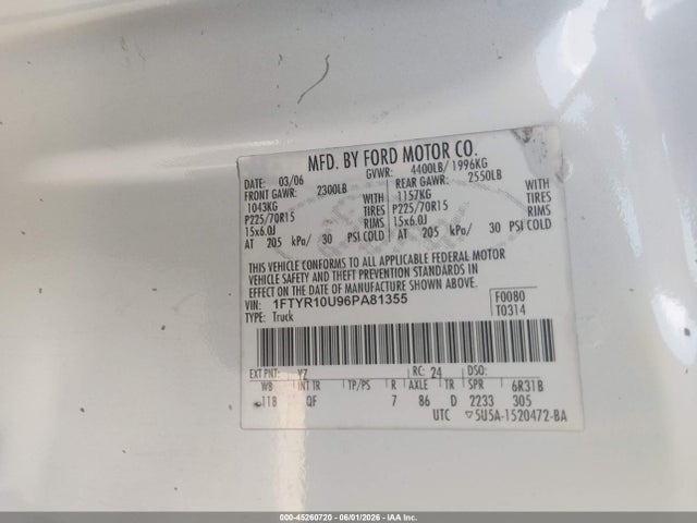 45260720 :رقم المزاد ، 1FTYR10U96PA81355 vin ، 2006 Ford Ranger Sport/stx/xl/xlt مزاد بيع