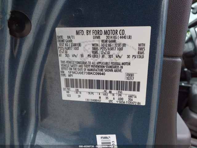 Продаж на аукціоні авто 2011 Ford Escape Limited, vin: 1FMCU0E73BKC09940, номер лоту: 45260726