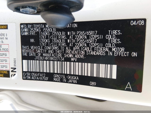2008 Toyota 4runner Sr5 V6 მანქანა იყიდება აუქციონზე, vin: JTEBU14R18K027134, აუქციონის ნომერი: 45260729