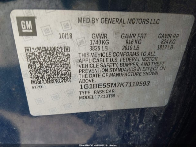 45260747 :رقم المزاد ، 1G1BE5SM7K7119593 vin ، 2019 Chevrolet Cruze Lt مزاد بيع