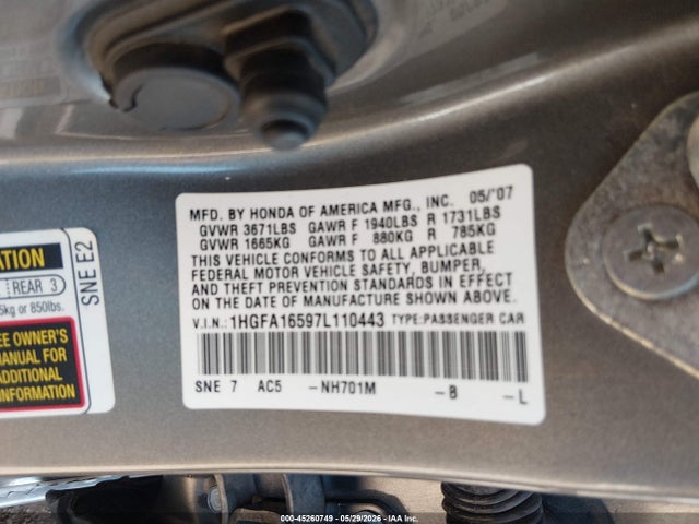 Aukcja sprzedaży 2007 Honda Civic Lx, vin: 1HGFA16597L110443, numer aukcji: 45260749
