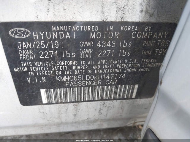 Auction sale of the 2019 Hyundai Ioniq Plug-in Hybrid, vin: KMHC65LD0KU147174, lot number: 45260751