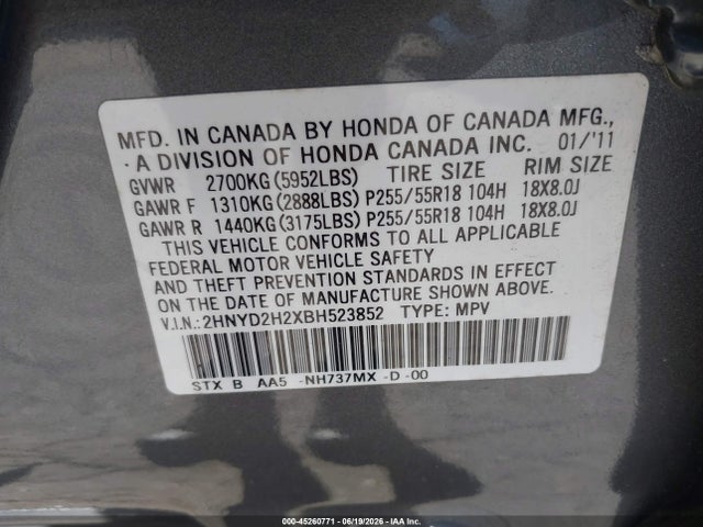 Продаж на аукціоні авто 2011 Acura Mdx, vin: 2HNYD2H2XBH523852, номер лоту: 45260771