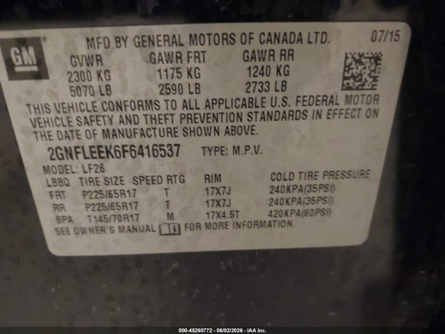 Продажа на аукционе авто 2015 Chevrolet Equinox Ls, vin: 2GNFLEEK6F6416537, номер лота: 45260772