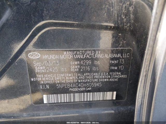 Продажа на аукционе авто 2013 Hyundai Sonata Gls, vin: 5NPEB4AC4DH805945, номер лота: 45260784