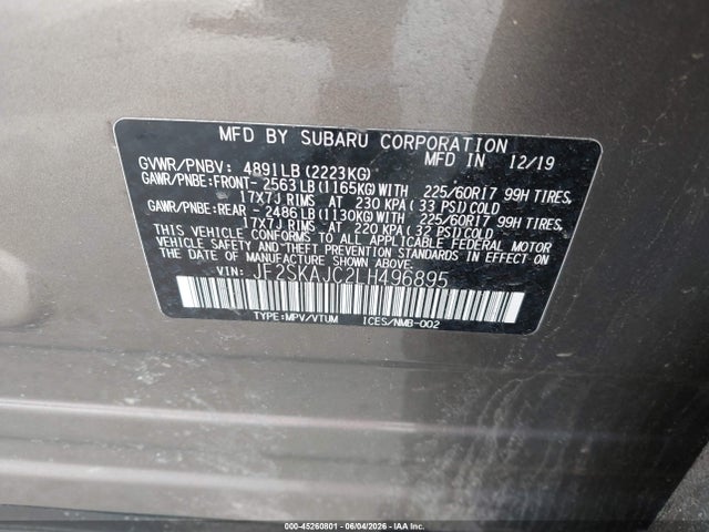 Aukcja sprzedaży 2020 Subaru Forester Premium, vin: JF2SKAJC2LH496895, numer aukcji: 45260801