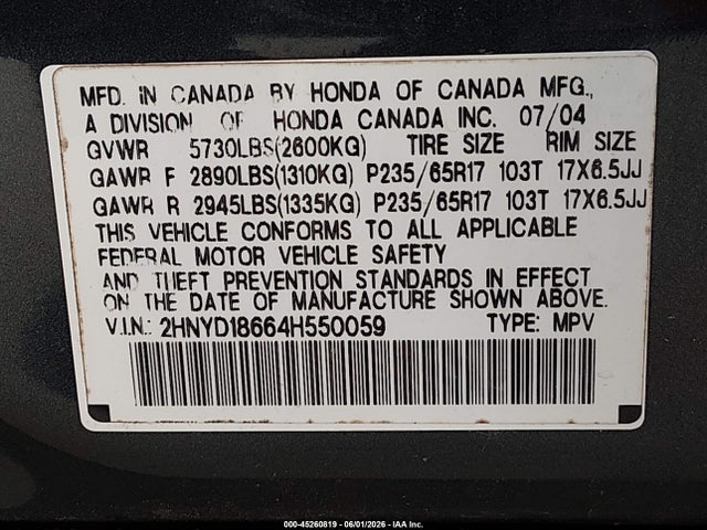2004 Acura Mdx მანქანა იყიდება აუქციონზე, vin: 2HNYD18664H550059, აუქციონის ნომერი: 45260819