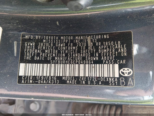 Продаж на аукціоні авто 2014 Toyota Corolla Le, vin: 5YFBURHE6EP049864, номер лоту: 45260836