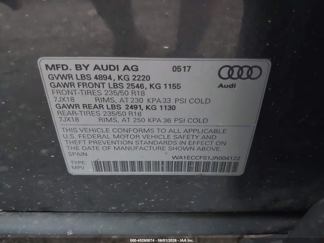 Aukcja sprzedaży 2018 Audi Q3 2.0t Premium/2.0t Sport Premium, vin: WA1ECCFS1JR004122, numer aukcji: 45260874