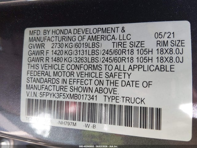 Продажа на аукционе авто 2021 Honda Ridgeline Awd Rtl, vin: 5FPYK3F5XMB017341, номер лота: 45260885
