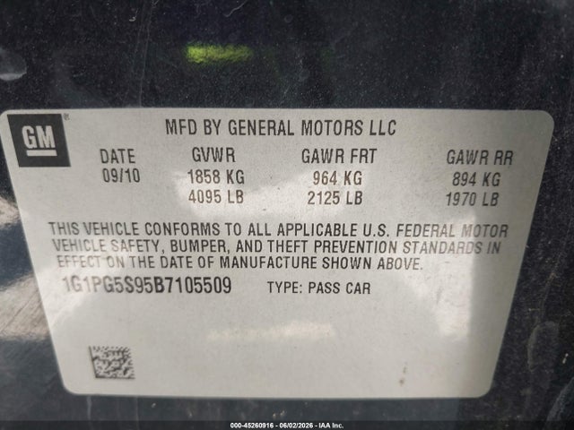 45260916 :رقم المزاد ، 1G1PG5S95B7105509 vin ، 2011 Chevrolet Cruze 2lt مزاد بيع