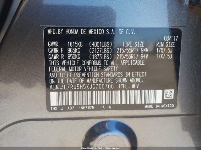 Продажа на аукционе авто 2018 Honda Hr-v Ex, vin: 3CZRU5H5XJG700706, номер лота: 45260930