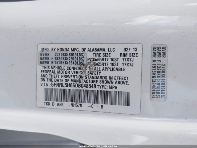 Продаж на аукціоні авто 2013 Honda Odyssey Ex-l, vin: 5FNRL5H66DB048548, номер лоту: 45260962