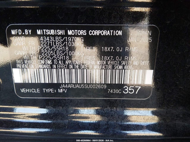 45260964 :رقم المزاد ، JA4ARUAU5SU002609 vin ، 2025 Mitsubishi Outlander Sport 2.0 Es Awc/2.0 Le Awc/2.0 S Awc/2.0 Se Awc/2.0 Trail Edition Awc مزاد بيع