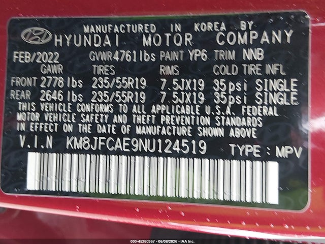 Aukcja sprzedaży 2022 Hyundai Tucson N Line, vin: KM8JFCAE9NU124519, numer aukcji: 45260967