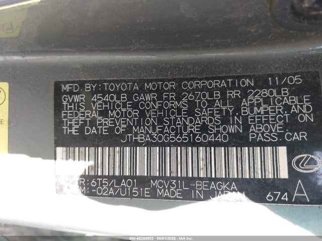 45260982 :رقم المزاد ، JTHBA30G565160440 vin ، 2006 Lexus Es 330 مزاد بيع
