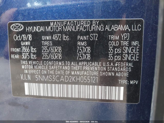 Aukcja sprzedaży 2019 Hyundai Santa Fe Sel Plus, vin: 5NMS3CAD2KH055121, numer aukcji: 45260983