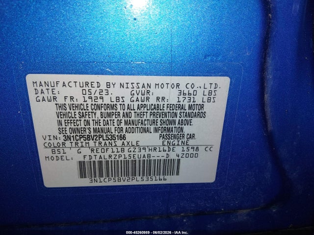 Aukcja sprzedaży 2023 Nissan Kicks S Xtronic Cvt, vin: 3N1CP5BV2PL535166, numer aukcji: 45260989