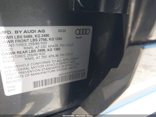 Aukcja sprzedaży 2022 Audi Q5 Premium Plus 45 Tfsi S Line Quattro S Tronic, vin: WA1EAAFY0N2088964, numer aukcji: 45260996