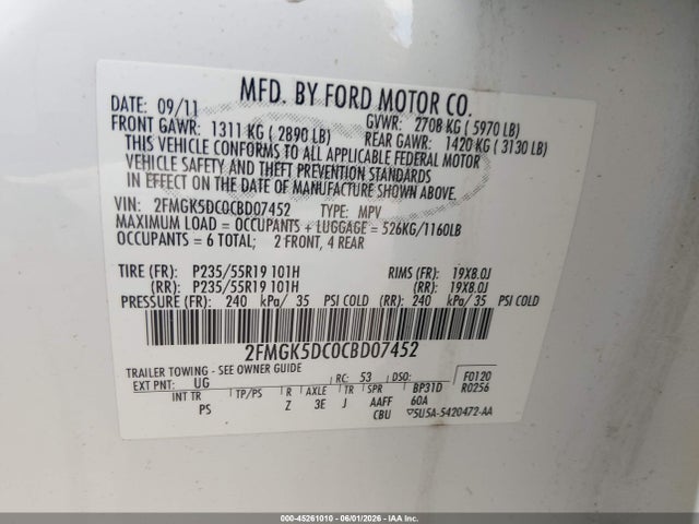 2012 Ford Flex Limited მანქანა იყიდება აუქციონზე, vin: 2FMGK5DC0CBD07452, აუქციონის ნომერი: 45261010