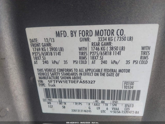 Auction sale of the 2014 Ford F-150 Fx4, vin: 1FTFW1ET0EFA55327, lot number: 45261013