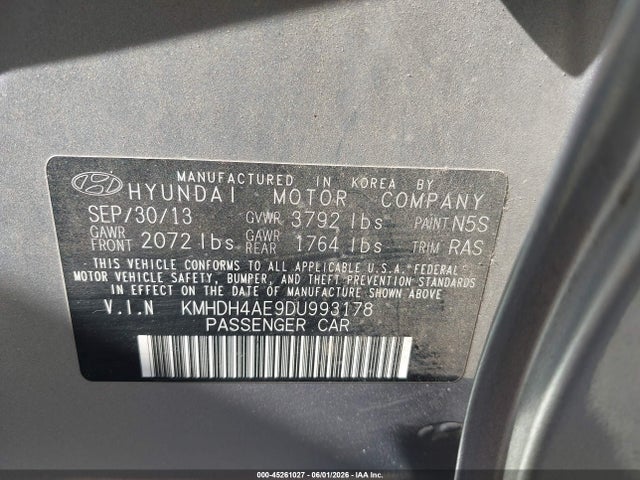 Aukcja sprzedaży 2013 Hyundai Elantra Gls, vin: KMHDH4AE9DU993178, numer aukcji: 45261027