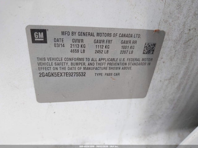 2014 Buick Regal Turbo მანქანა იყიდება აუქციონზე, vin: 2G4GK5EX7E9275532, აუქციონის ნომერი: 45261059