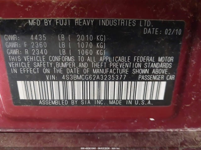 45261060 :رقم المزاد ، 4S3BMCG62A3235377 vin ، 2010 Subaru Legacy 2.5i Premium مزاد بيع