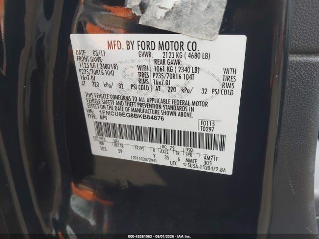 45261062 :رقم المزاد ، 1FMCU9EG8BKB84876 vin ، 2011 Ford Escape Limited مزاد بيع