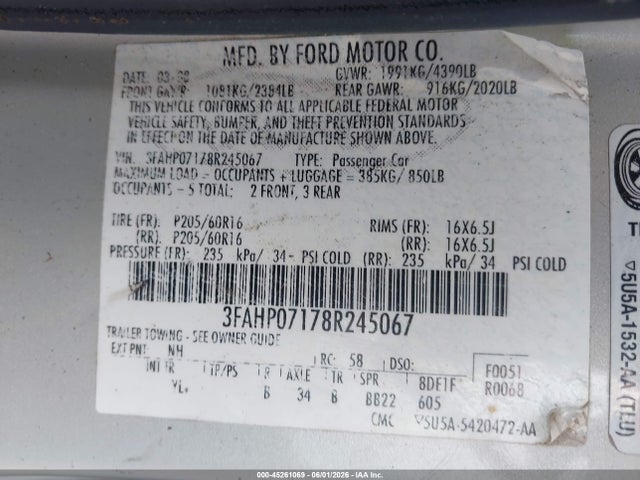 Aukcja sprzedaży 2008 Ford Fusion Se, vin: 3FAHP07178R245067, numer aukcji: 45261069