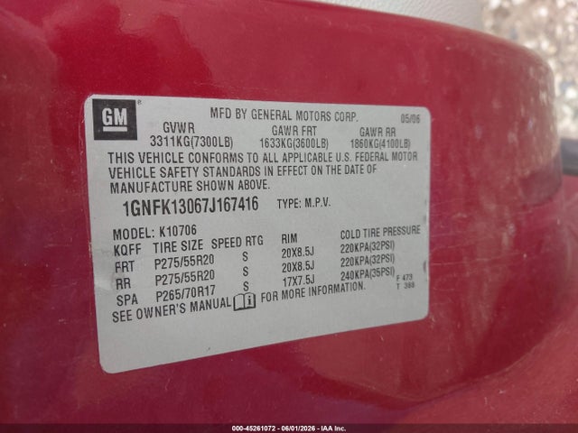 2007 Chevrolet Tahoe Lt მანქანა იყიდება აუქციონზე, vin: 1GNFK13067J167416, აუქციონის ნომერი: 45261072