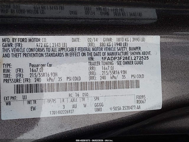 45261073 :رقم المزاد ، 1FADP3F28EL272525 vin ، 2014 Ford Focus Se مزاد بيع