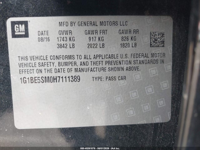 Auction sale of the 2017 Chevrolet Cruze Lt Auto, vin: 1G1BE5SM0H7111389, lot number: 45261076